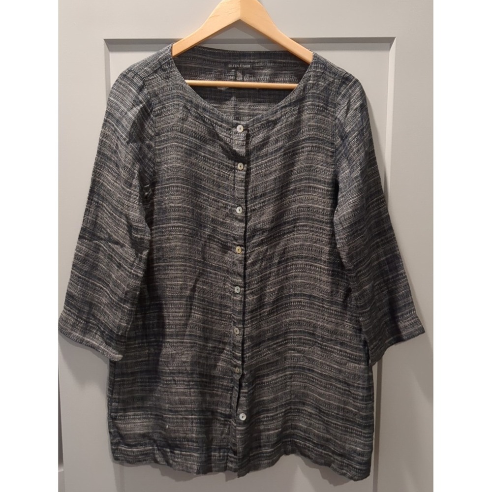 Eileen Fisher Coastline 3/4-Sleeve Organic Linen Top Tunic Gray Button Up Small‎